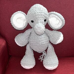 Handmade Plush Elephant Toy - Light Gray & White
